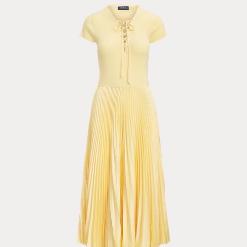 Authenticated Polo Ralph Lauren Stamford Short Sleeve Pleated Yellow Midi Dress